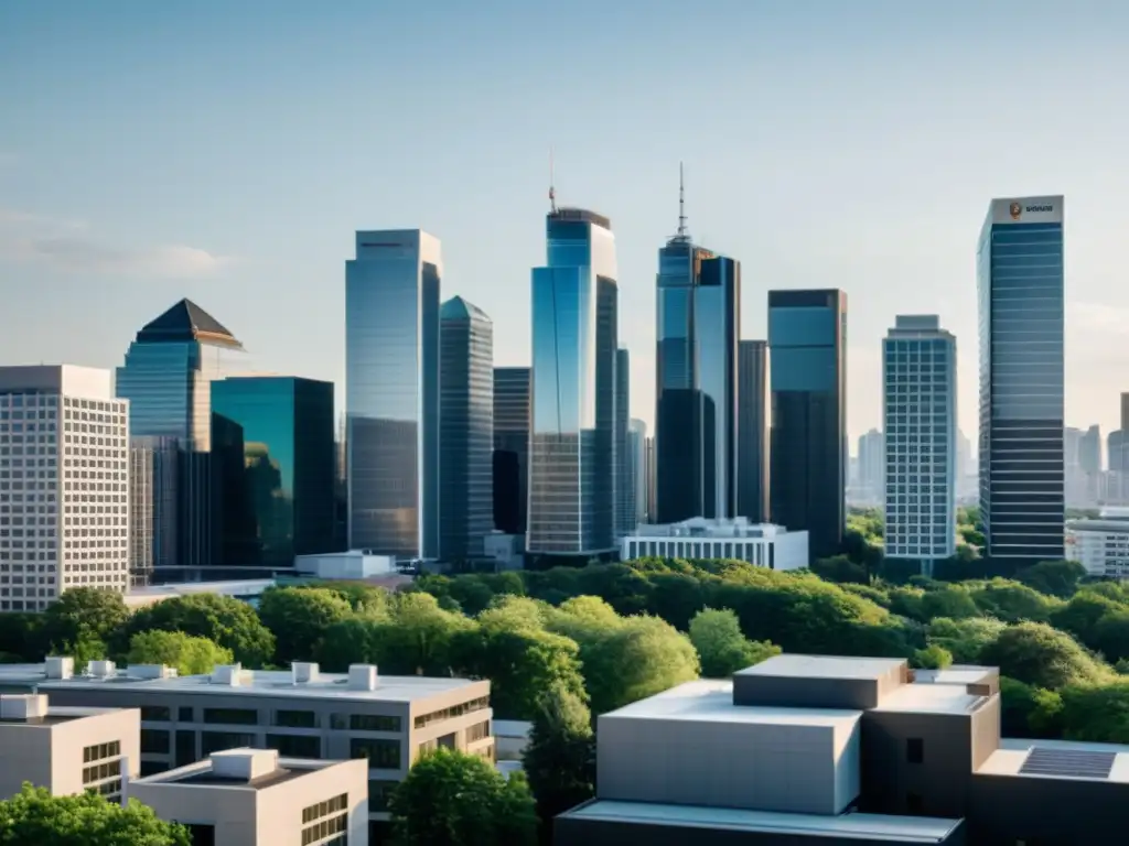 Vista impresionante de la integración de bioenergía en zonas urbanas con edificios modernos y líneas limpias, en un ambiente sereno y contemporáneo