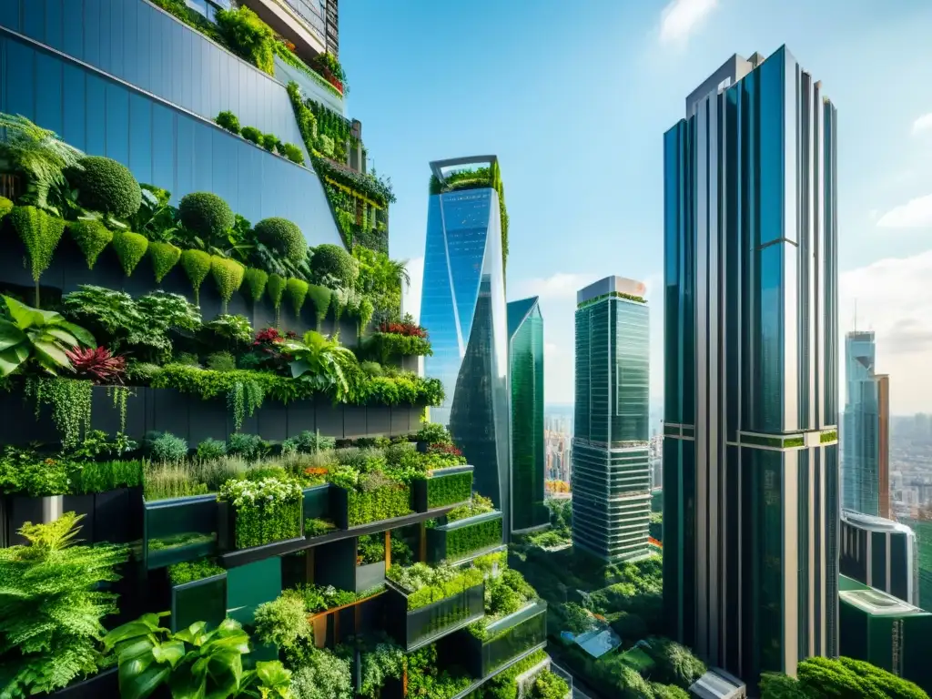 Vista impresionante de jardines verticales urbanos en una ciudad moderna con rascacielos y naturaleza integrada en el diseño urbano