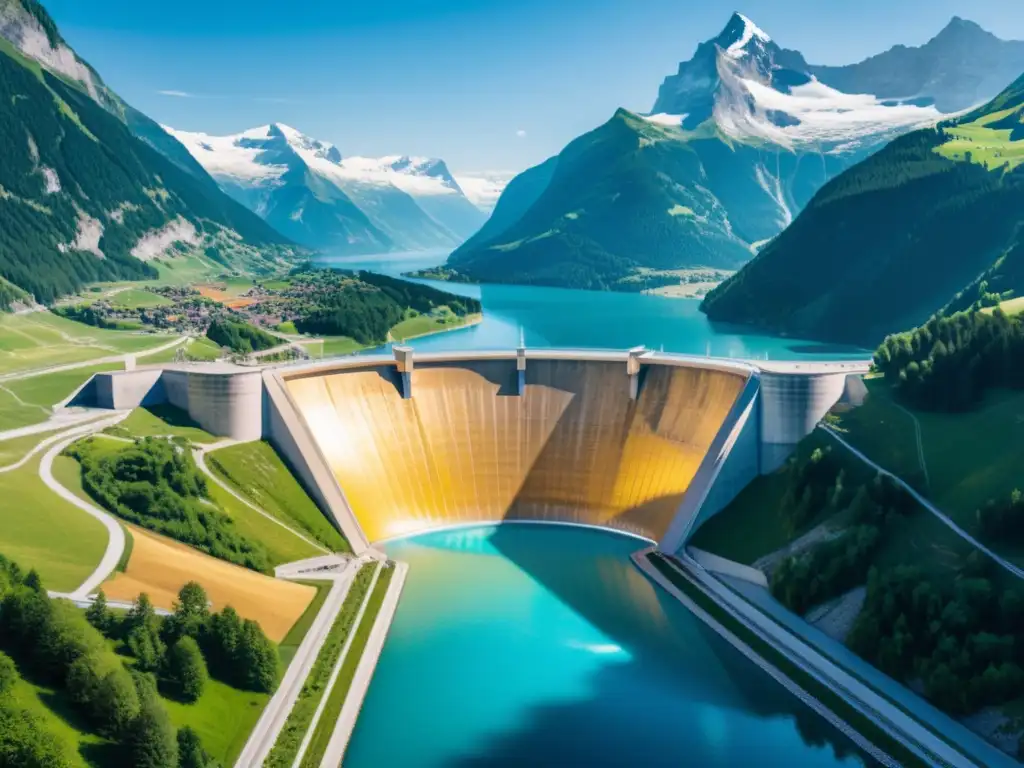 Vista impresionante de una moderna presa hidroeléctrica en los Alpes suizos, destacando la importancia de la energía hidroeléctrica en Suiza