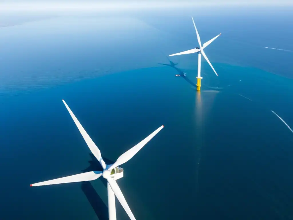 Vista impresionante de modernos aerogeneradores en el mar, capturando la vastedad del océano y la optimización de rutas para parques eólicos