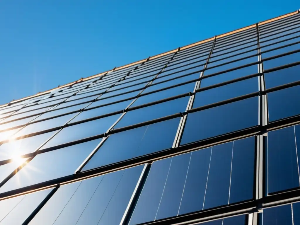 Vista impresionante de paneles solares fotovoltaicos en un moderno tejado urbano, creando un patrón geométrico reflejado en el cielo azul claro