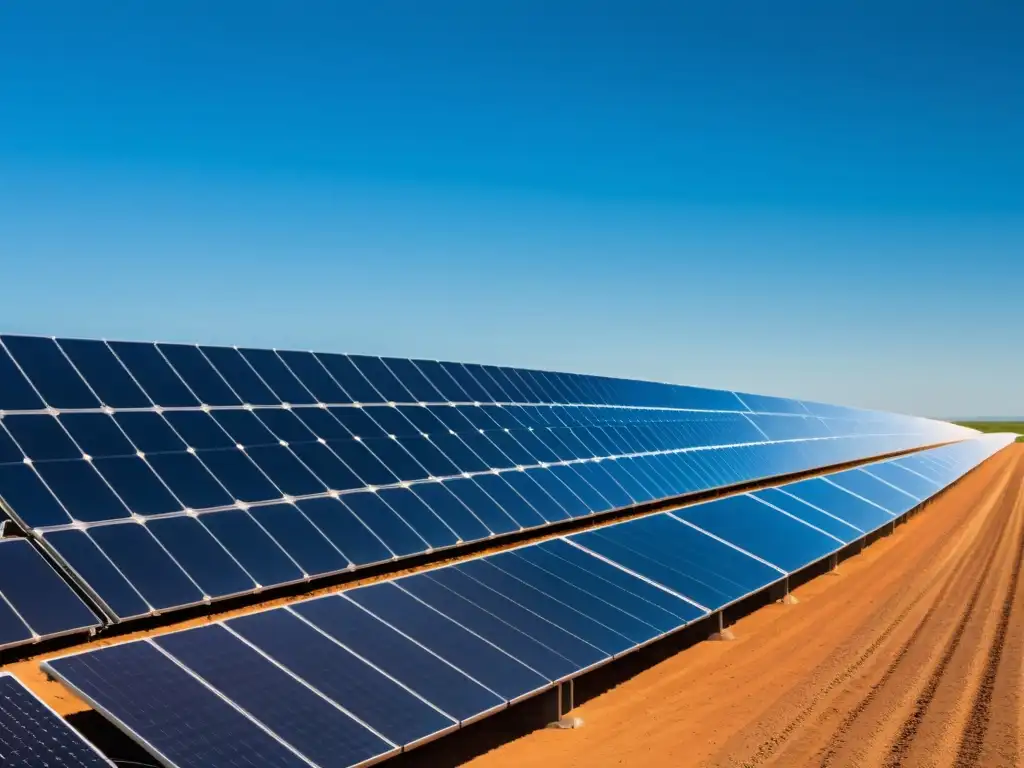 Vista impresionante de paneles solares en un extenso campo bajo cielo azul