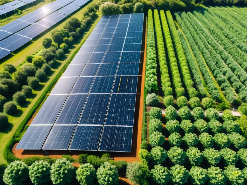 Vista impresionante de paneles solares en un proyecto comunitario sostenible, armonía entre naturaleza y tecnología