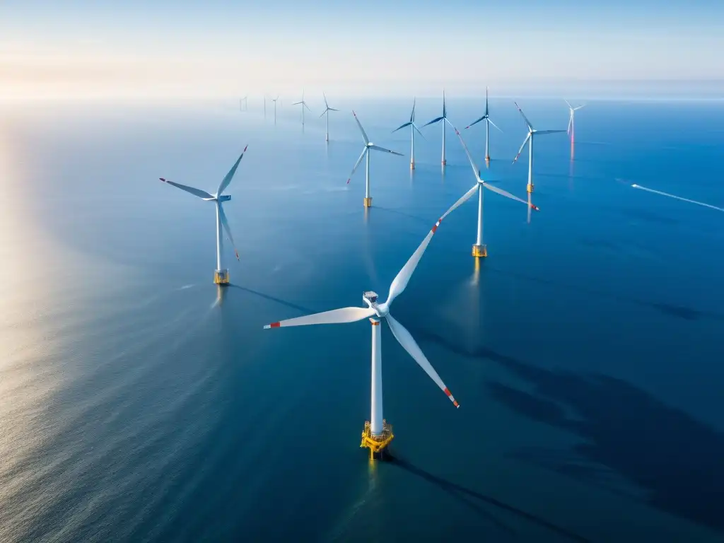 Vista impresionante de parque eólico marino al amanecer, transmitiendo tranquilidad y armonía entre naturaleza y tecnología eólica