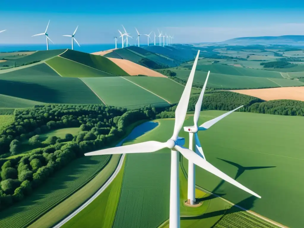 Vista impresionante de un parque eólico moderno en colinas verdes con cielo azul