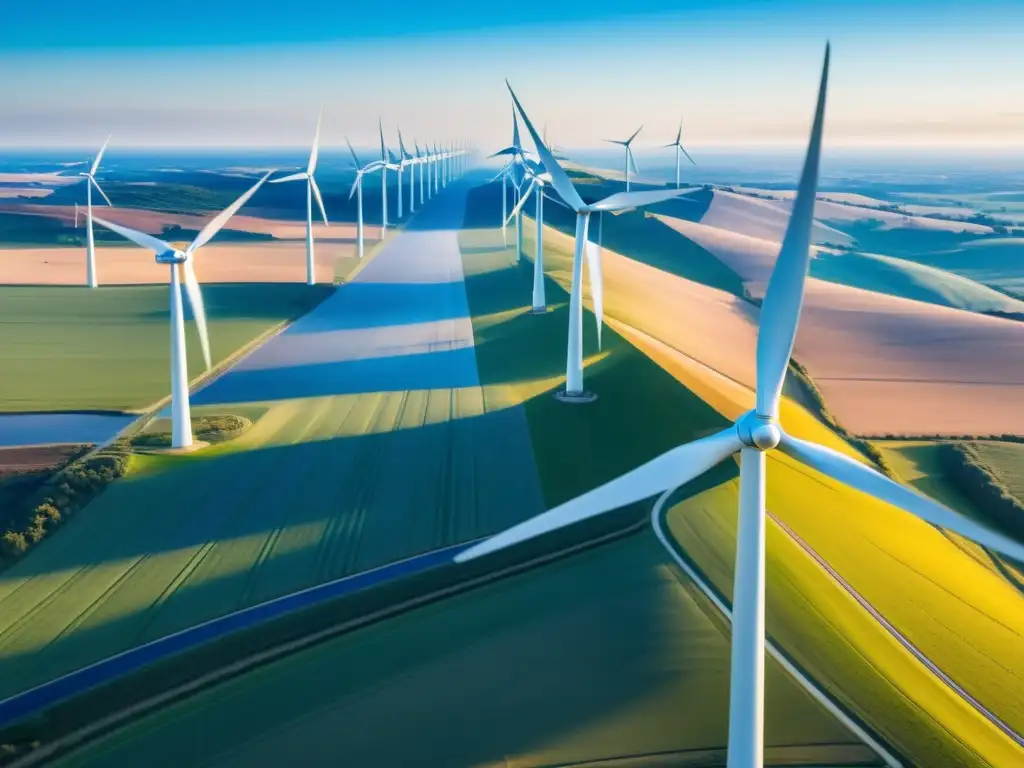 Vista impresionante de un parque eólico con participación ciudadana en energía eólica, con turbinas blancas en movimiento y un cielo azul vibrante