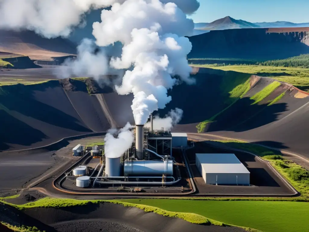 Vista impresionante de una planta de energía geotérmica en un paisaje volcánico