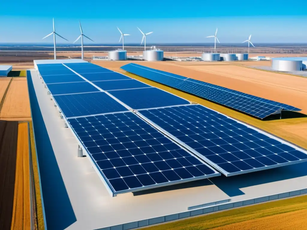 Vista impresionante de una planta industrial moderna rodeada de paneles solares y turbinas eólicas bajo un cielo azul, irradiando una suave luz cálida