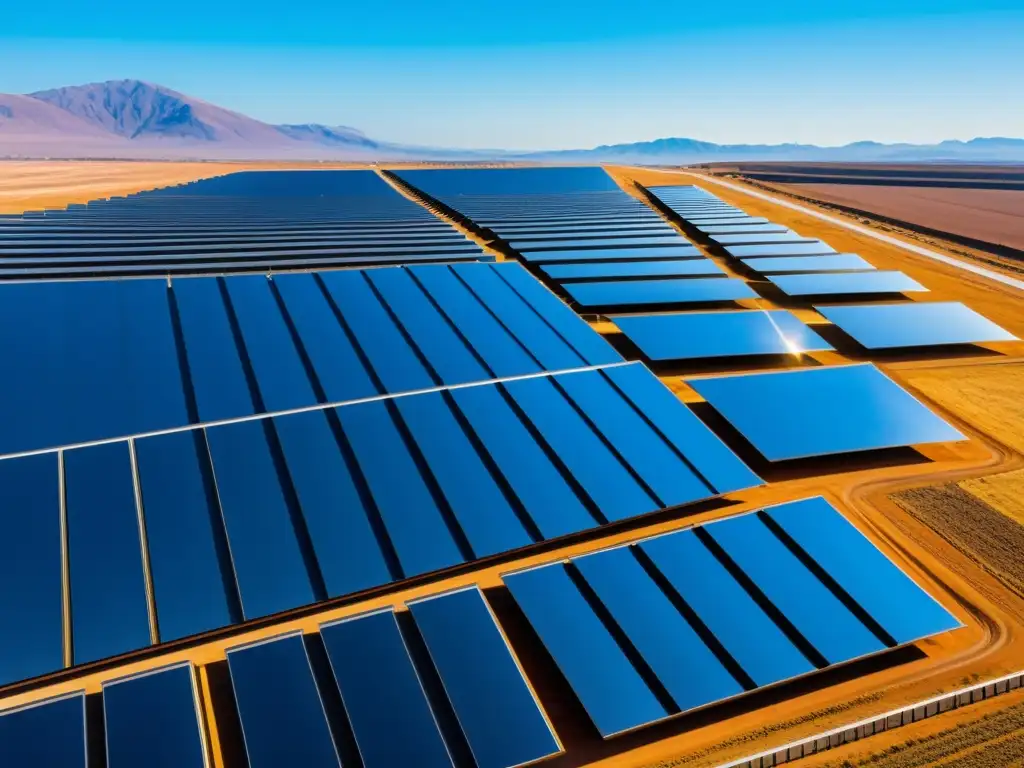 Vista impresionante de una planta solar futurista y minimalista, con paneles angulares bajo un cielo azul