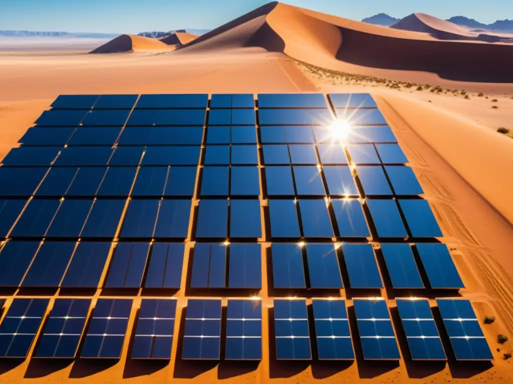 Vista impresionante de una planta solar futurista en el desierto, reflejo del cielo azul