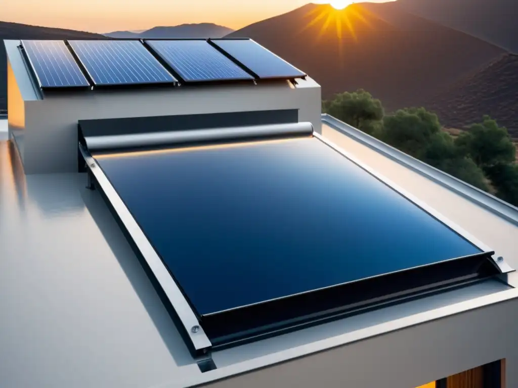 Vista impresionante de sistema solar de calentamiento de agua en el techo de una casa contemporánea