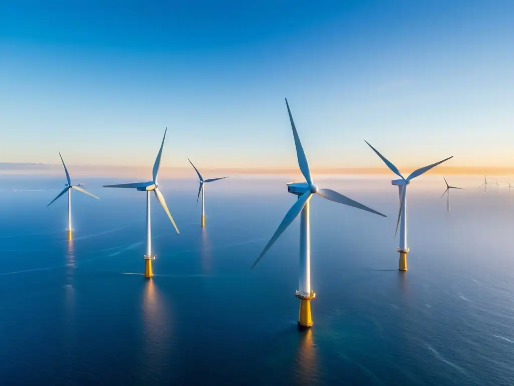 Vista impresionante de turbinas eólicas flotantes en un vasto océano, irradiando belleza y energía renovable