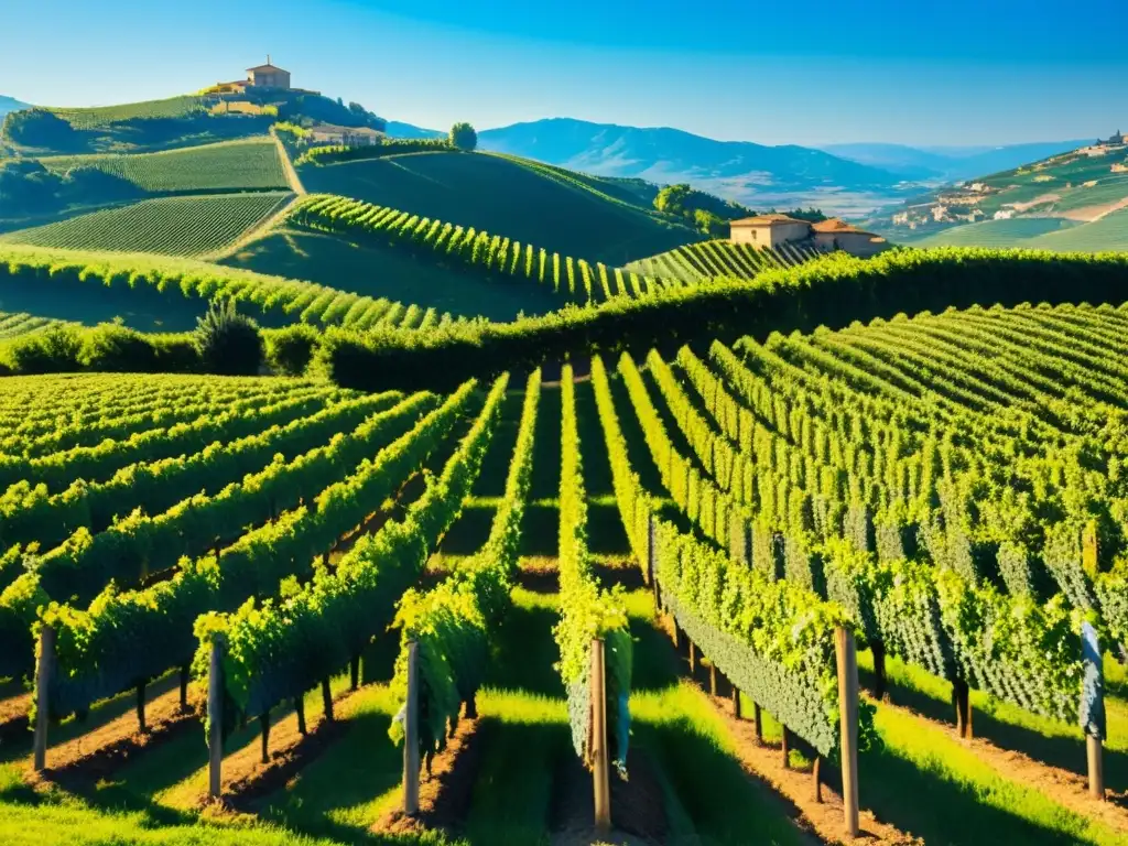 Vista impresionante de un viñedo verde en el campo italiano con colinas y cielos azules