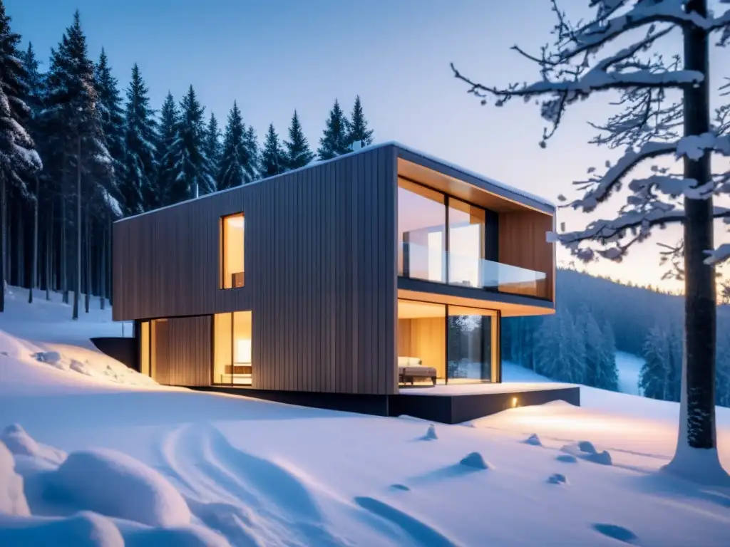 Vista invernal de una casa moderna con sistema de almacenamiento térmico sostenible, rodeada de árboles nevados