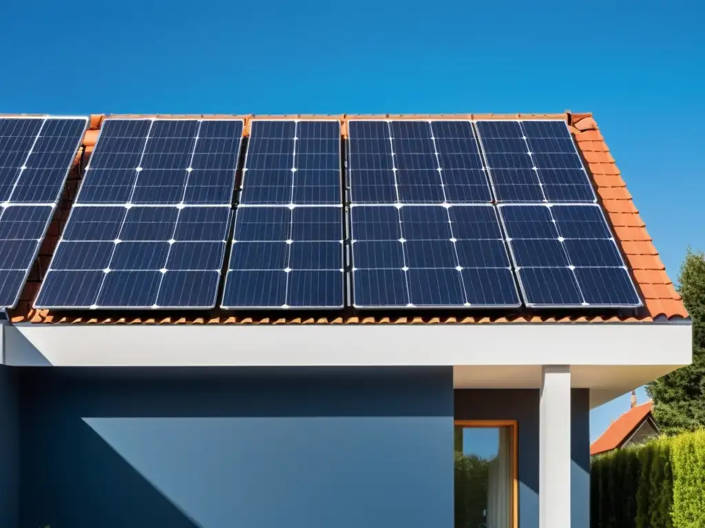 Vista minimalista de casa moderna con integración de paneles solares en el techo, capturando la luz solar en un cielo azul claro