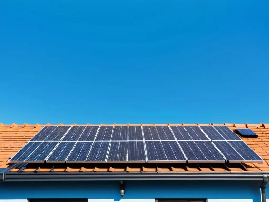 Vista minimalista de un tejado residencial con paneles solares, bajo un cielo azul claro