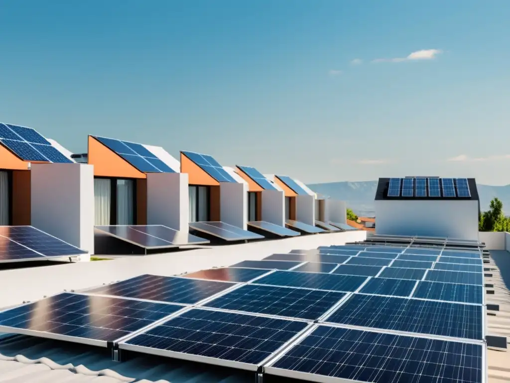 Vista minimalista de zona residencial con paneles solares en los techos, mostrando integración de energía solar en la vida diaria