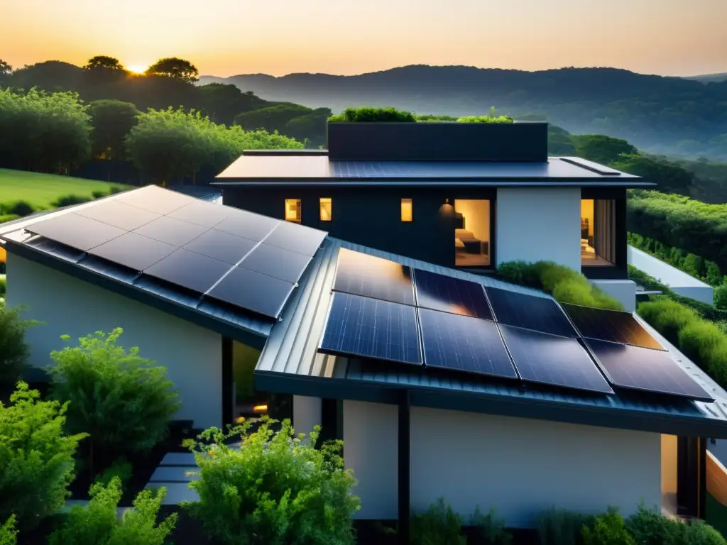 Vista moderna de techo residencial con paneles solares integrados, reflejando la luz solar en un entorno verde