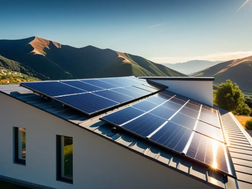 Vista de cerca de un moderno sistema de paneles solares integrado en el techo de una casa contemporánea, con líneas angulares y colores minimalistas que complementan la arquitectura