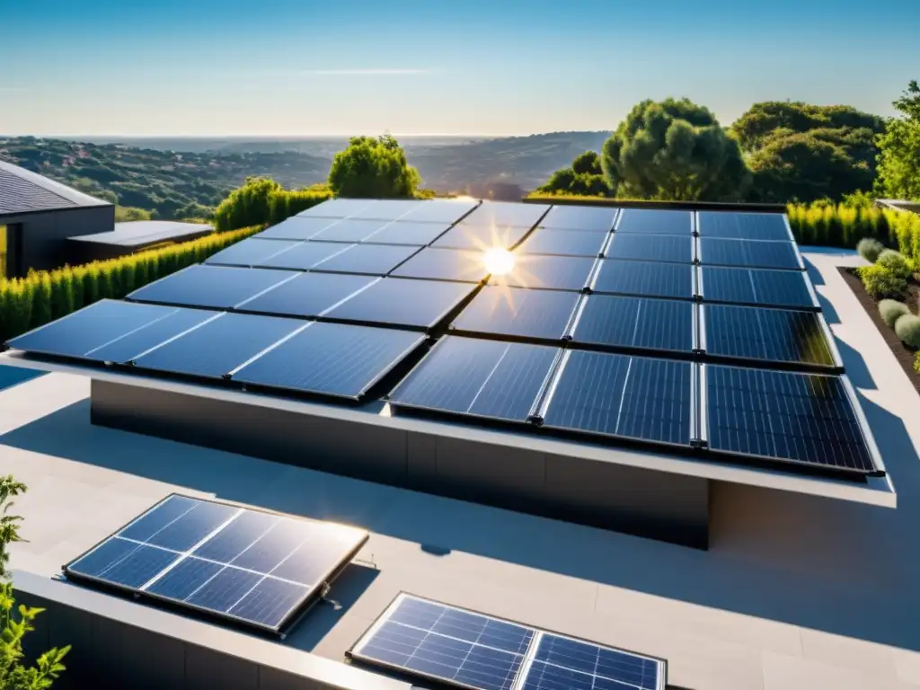 Vista en 8k de un moderno tejado residencial con paneles solares negros, simétricos y relucientes