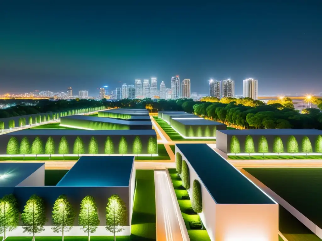 Vista nocturna de la ciudad, edificios modernos iluminados