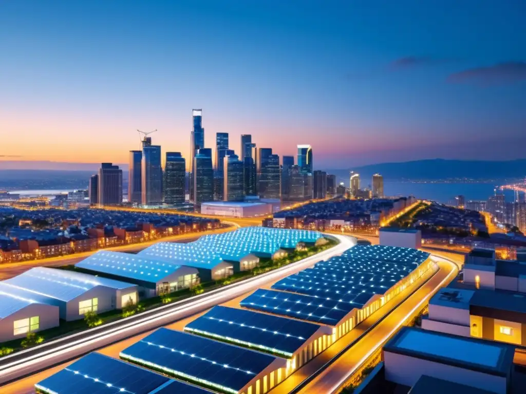 Vista nocturna de una ciudad moderna con microredes y coches eléctricos, mostrando la importancia de las baterías en redes eléctricas