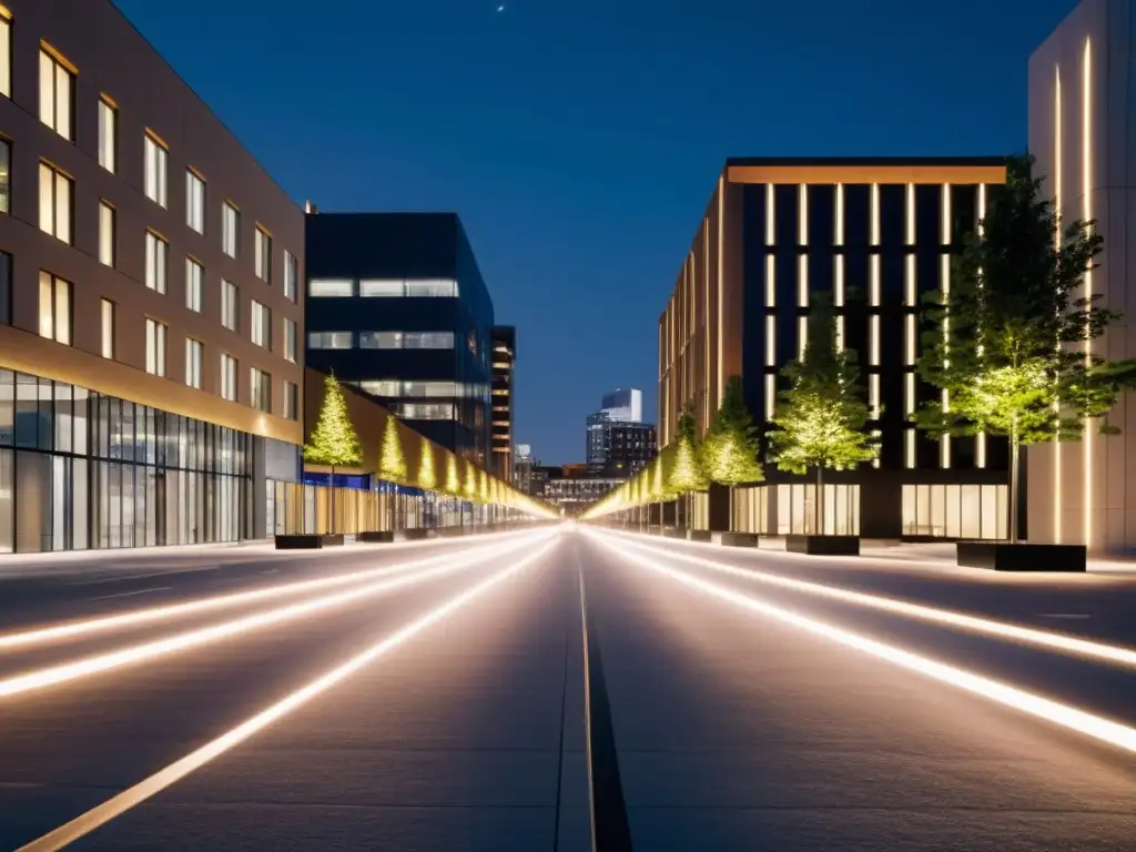 Vista nocturna de la ciudad con moderna iluminación inteligente para hogar sostenible, evocando progreso y eficiencia urbana