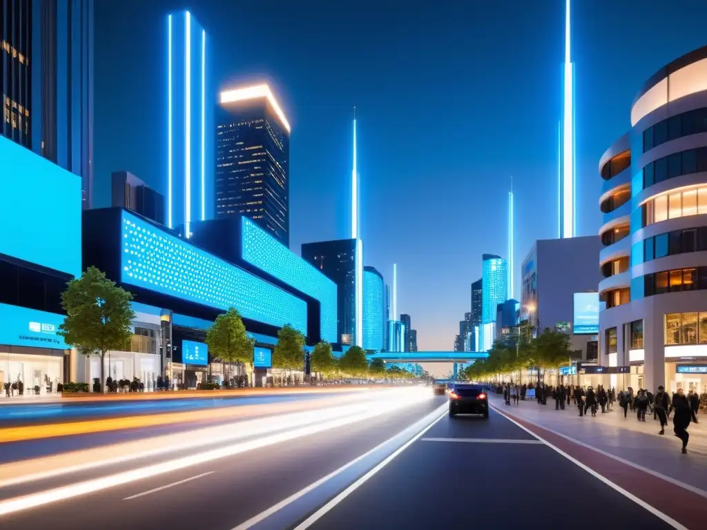 Vista nocturna de una ciudad moderna con gestión urbana eficiente con tecnología, edificios futuristas y luces LED azules