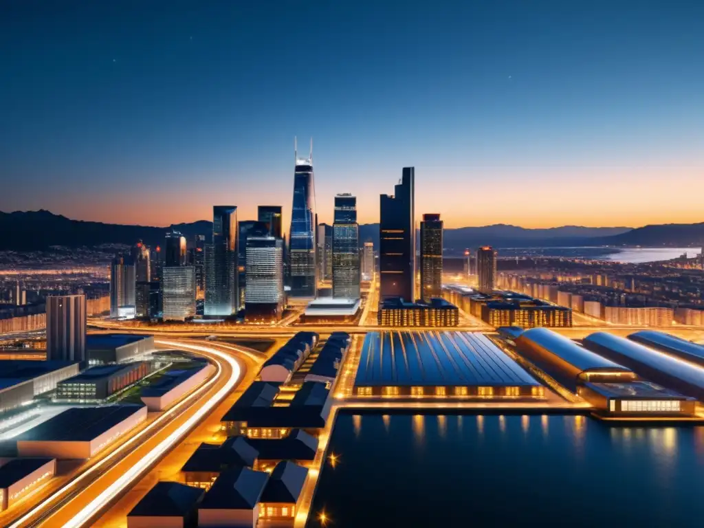 Vista nocturna de la ciudad moderna con infraestructura de calefacción sostenible integrada en los edificios