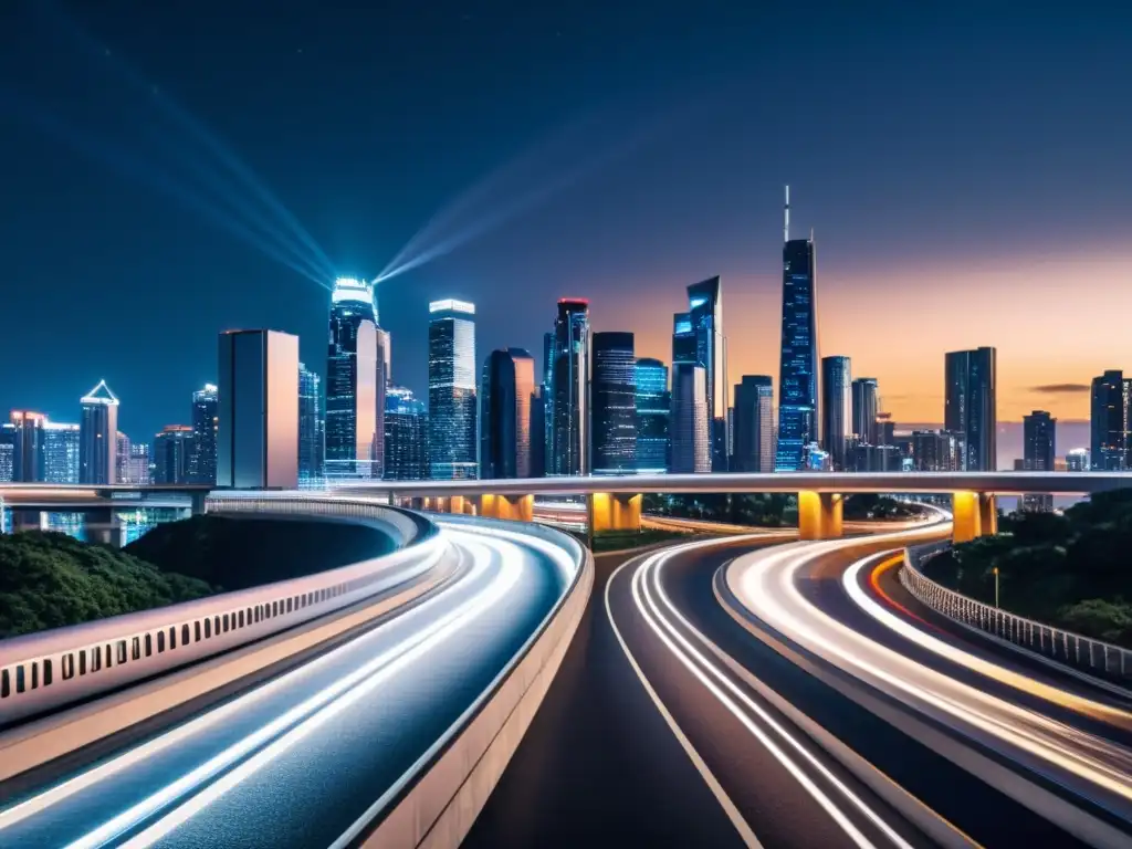 Vista nocturna de la ciudad con rascacielos modernos iluminados y red de carreteras brillantes, destacando la gestión urbana eficiente con tecnología