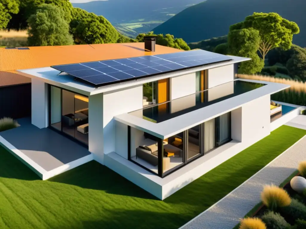 Vista de casa ecológica con paneles solares biofotovoltaicos integrados en el techo