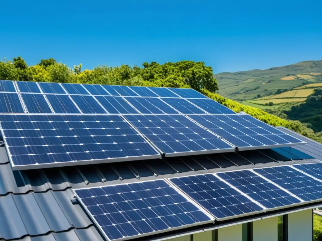 Vista en alta definición de paneles solares en un hogar sostenible rodeado de vegetación, integrando energía fotovoltaica sostenible