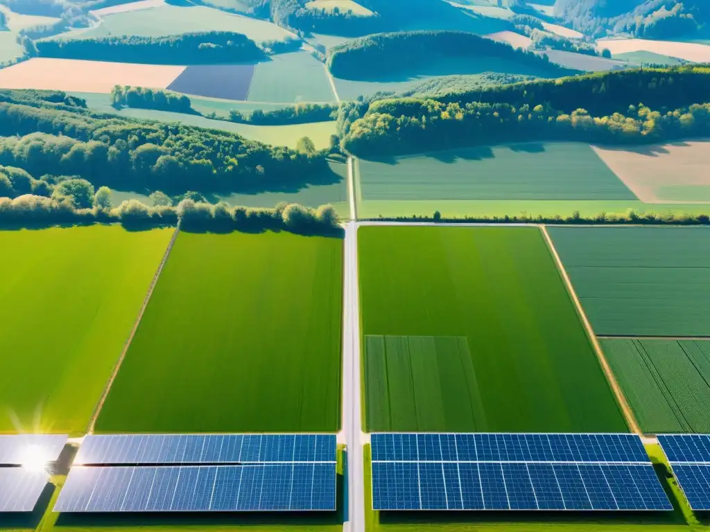 Vista panorámica de un campo verde en Alemania con paneles solares ordenados, irradiando energía solar sostenible en Alemania