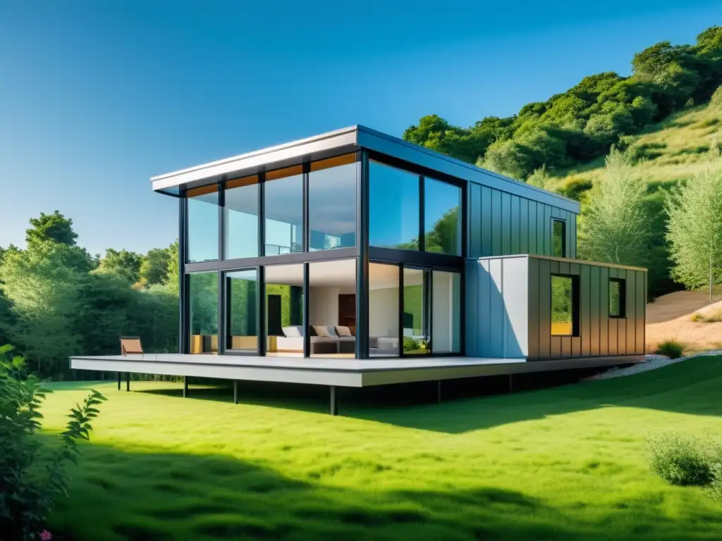 Vista panorámica de una casa ecológica construida con steel framing, integrada en la naturaleza