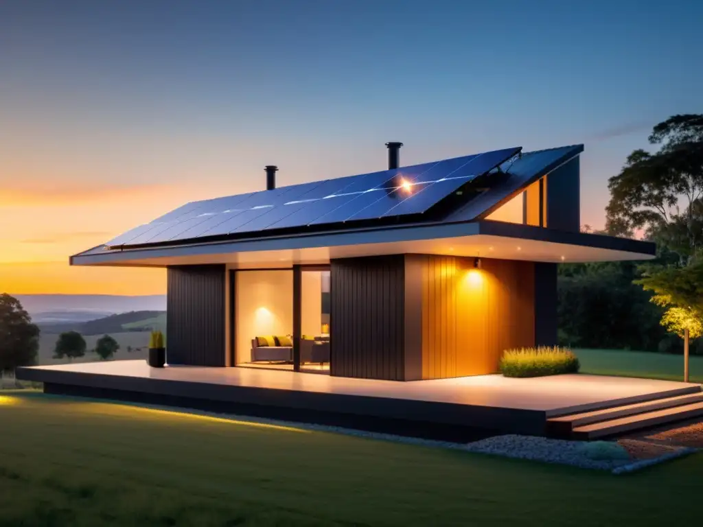 Vista panorámica de una casa moderna con paneles solares, tecnología híbrida almacenamiento térmico eléctrico y atardecer cálido en el fondo