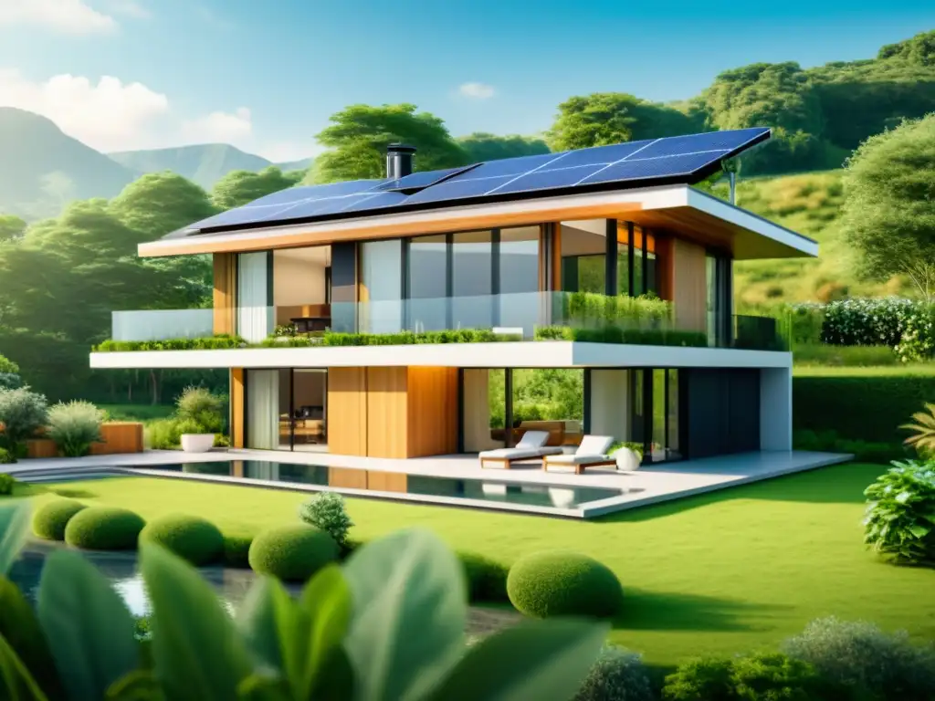 Vista panorámica de una casa moderna sostenible con paneles solares rodeada de exuberante vegetación