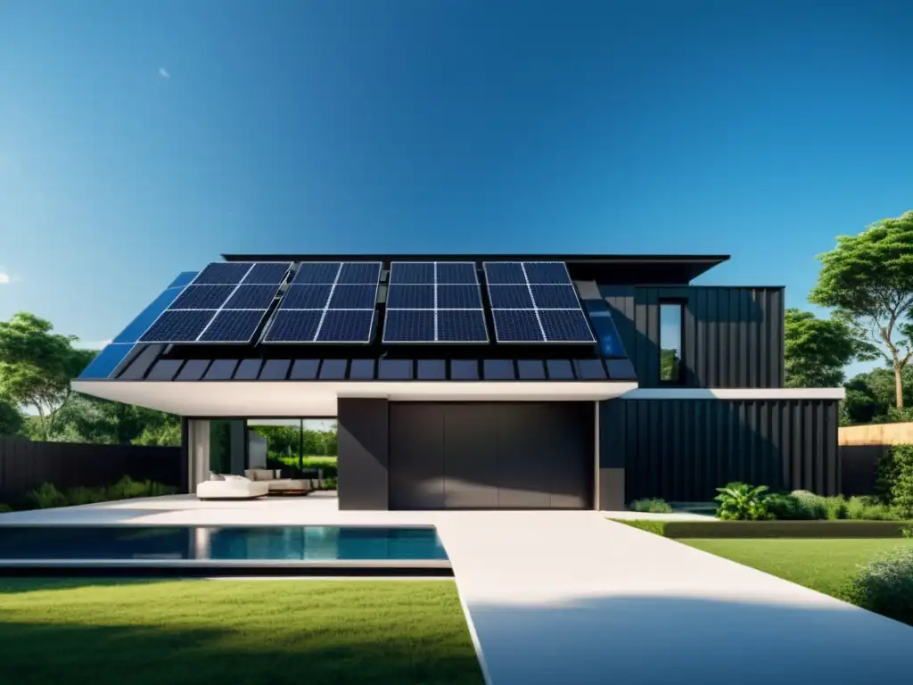 Vista panorámica de una casa moderna con paneles solares en el techo, rodeada de exuberante vegetación y un cielo azul despejado