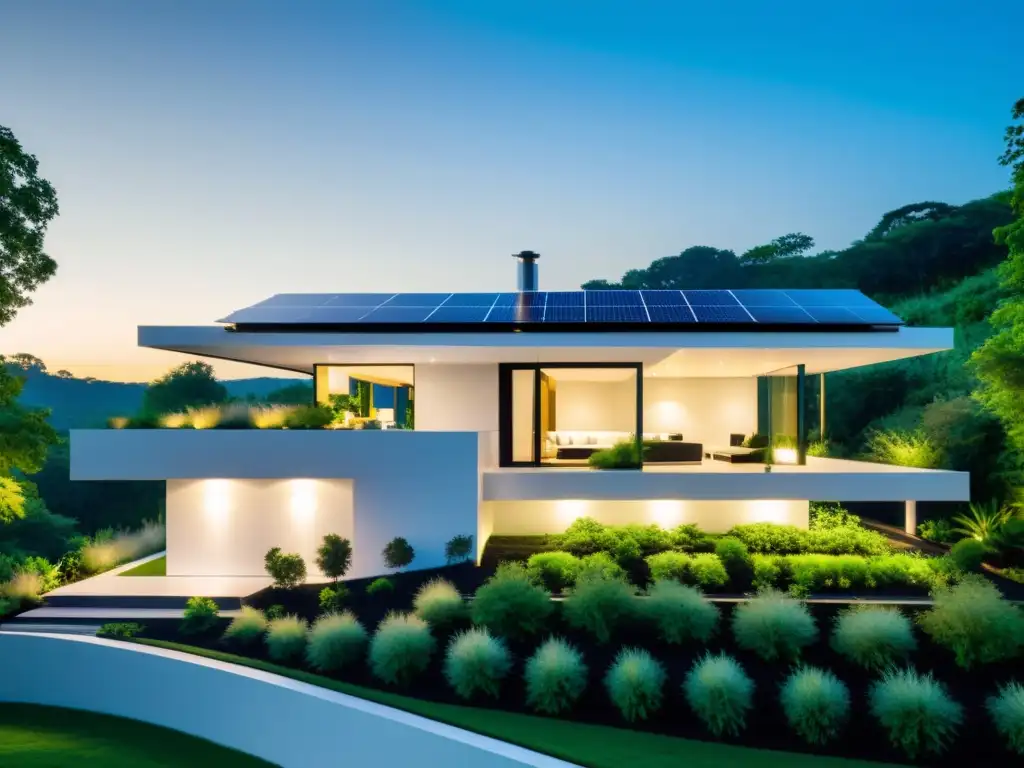 Vista panorámica de una casa sostenible con baterías domótica, paneles solares y tecnología ecofriendly integrada en un entorno verde