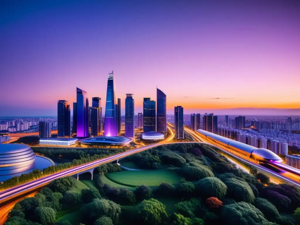 Vista panorámica de una ciudad futurista y sostenible al atardecer, con rascacielos iluminados por energía renovable, rodeados de vegetación