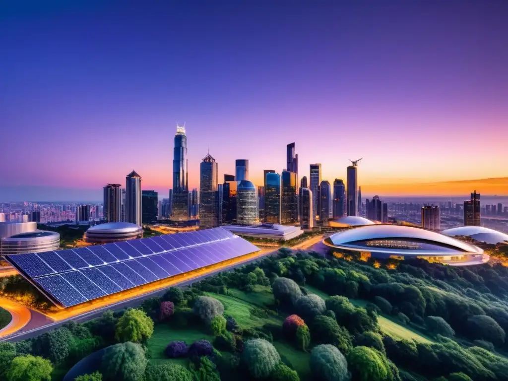 Vista panorámica de una ciudad moderna al anochecer con edificios futuristas iluminados, rodeada de vegetación exuberante y paneles solares integrados