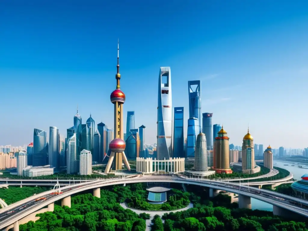 Vista panorámica de la ciudad moderna con arquitectura china y europea, simbolizando la reducción de CO2 en China y la UE