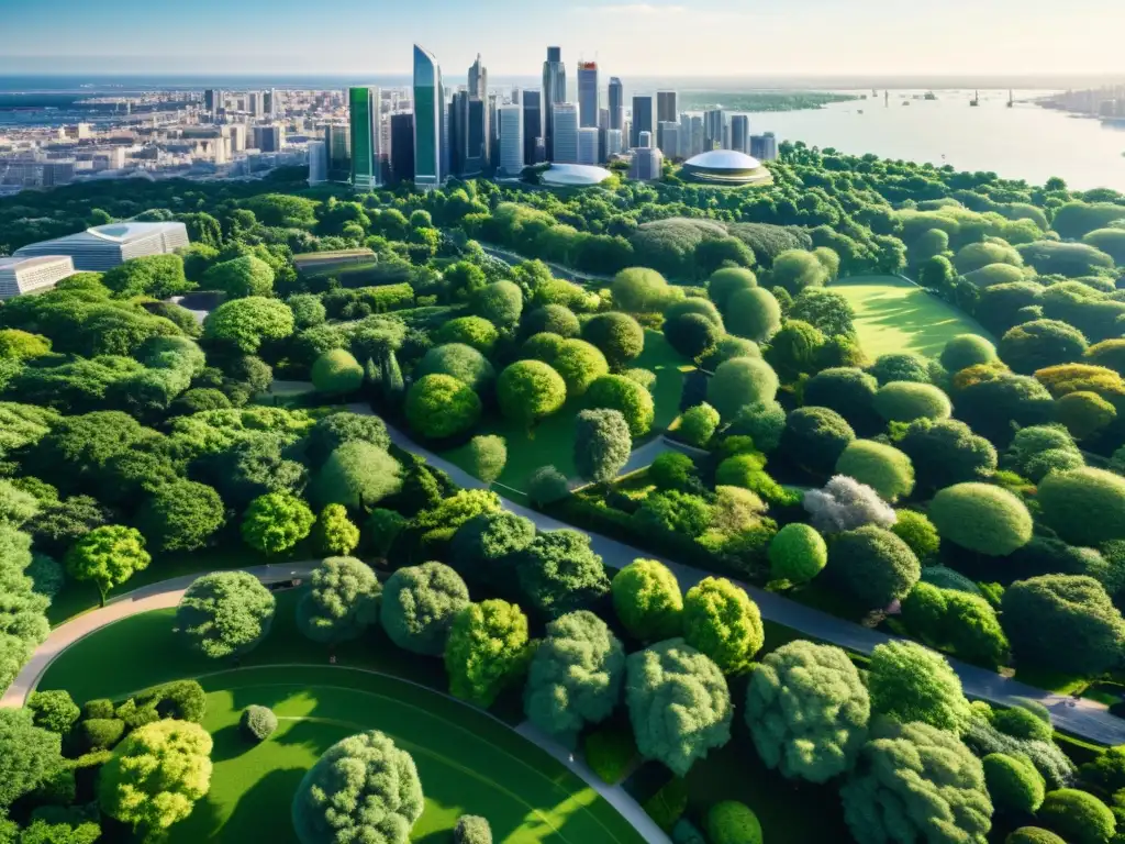 Vista panorámica de la ciudad con parques urbanos verdosos, realzando la importancia de la vegetación urbana para un entorno sostenible y saludable