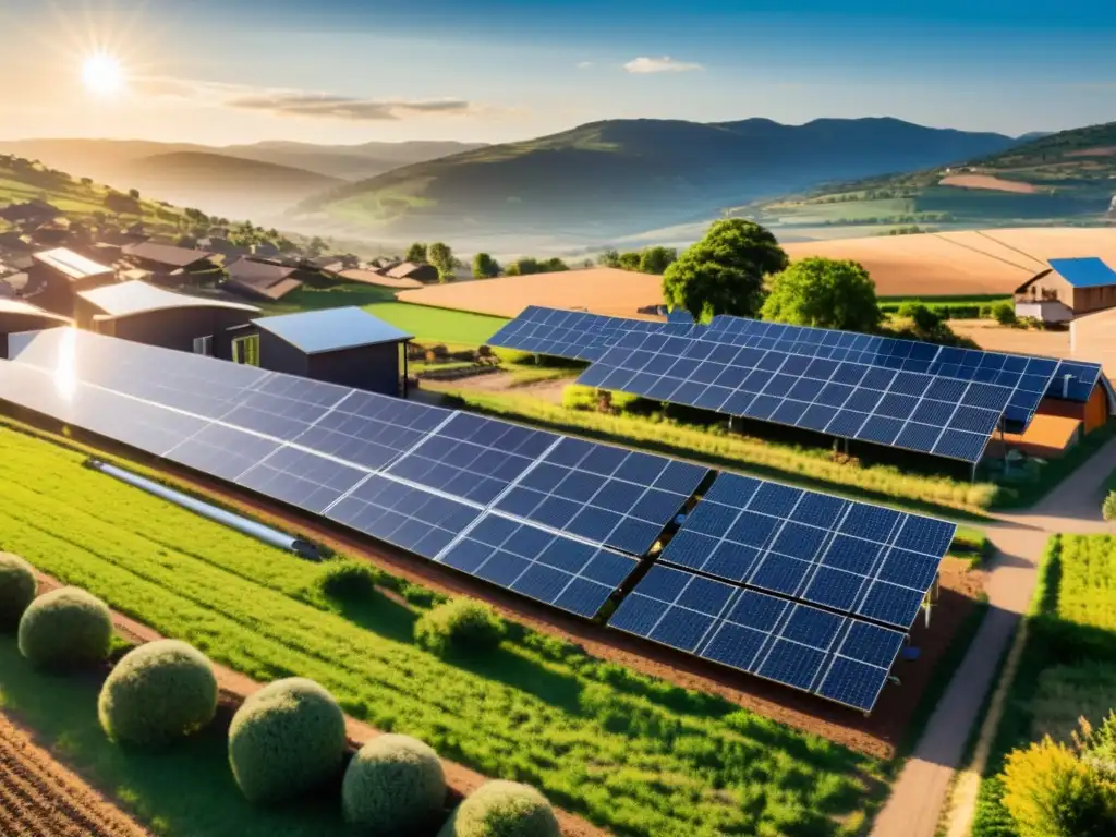 Vista panorámica de una comunidad rural con paneles solares comunitarios, iluminados por el cálido sol, simbolizando progreso y sostenibilidad