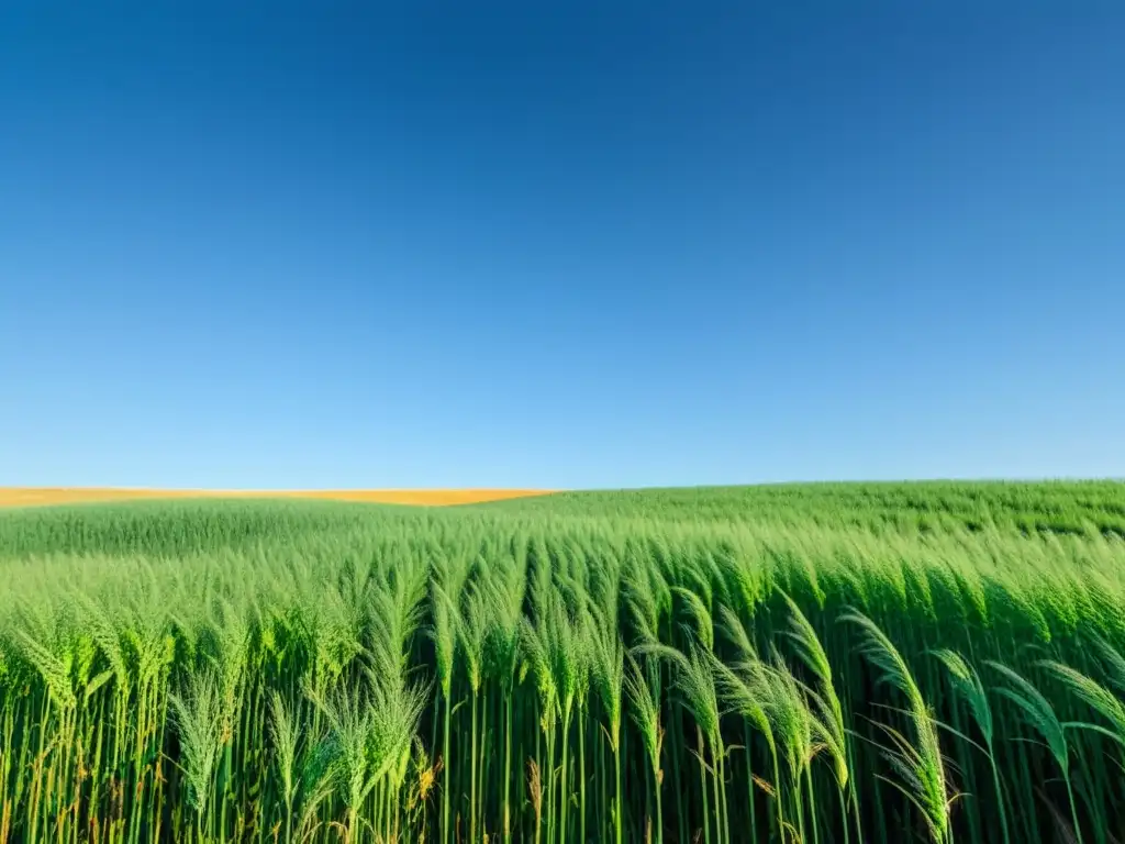 Vista panorámica de cultivos energéticos sostenibles para bioenergía, con switchgrass verde vibrante y cielo azul claro