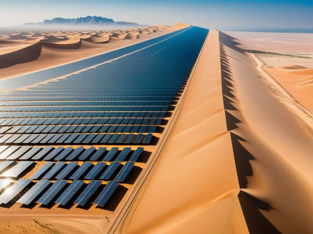 Vista panorámica del desierto de los Emiratos Árabes con paneles solares sostenibles en patrones geométricos bajo un cielo azul claro