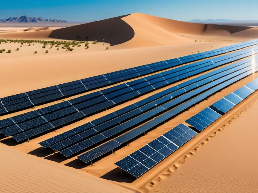Panel solar negro en desierto: armonía e impacto ecológico Vista panorámica del desierto con paneles solares negros relucientes bajo el cielo azul