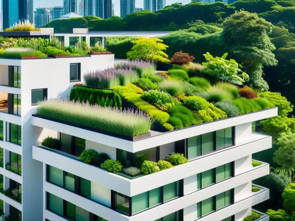 Vista panorámica de un edificio residencial moderno con un exuberante jardín en la azotea