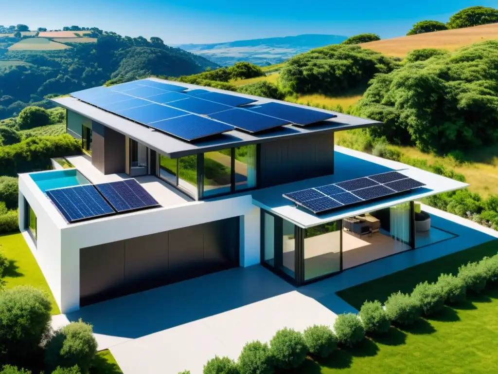 Vista panorámica de una elegante casa moderna con paneles solares integrados en el techo