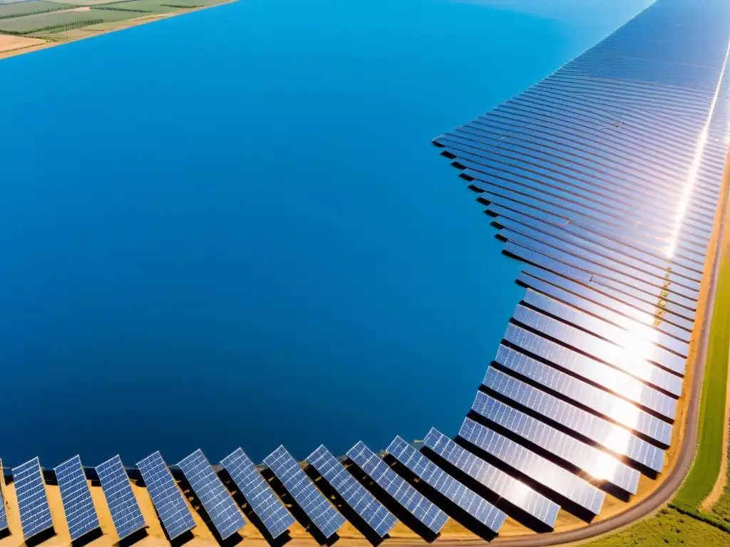 Vista panorámica de un extenso parque solar con paneles relucientes bajo un cielo azul