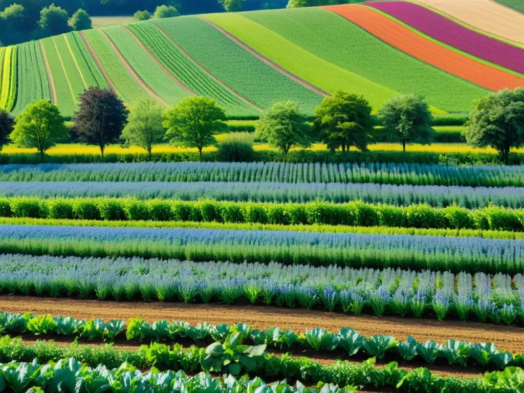 Vista panorámica de una exuberante granja orgánica bajo el cielo azul, mostrando alternativas orgánicas a fertilizantes químicos